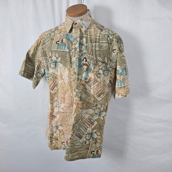 Campia Moda Shirt Men's M Tan Floral Surfs Up Hawaiian Button Down Short Sleeve - Picture 13 of 16